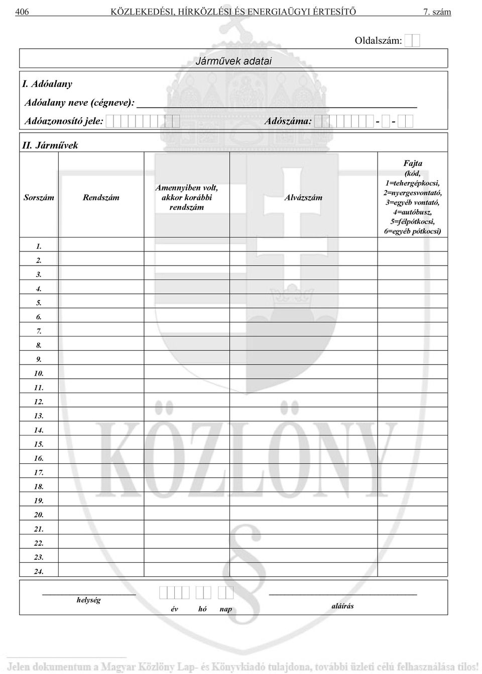 Járm vek Sorszám Rendszám Amennyiben volt, akkor korábbi rendszám Alvázszám Fajta (kód, 1=tehergépkocsi,