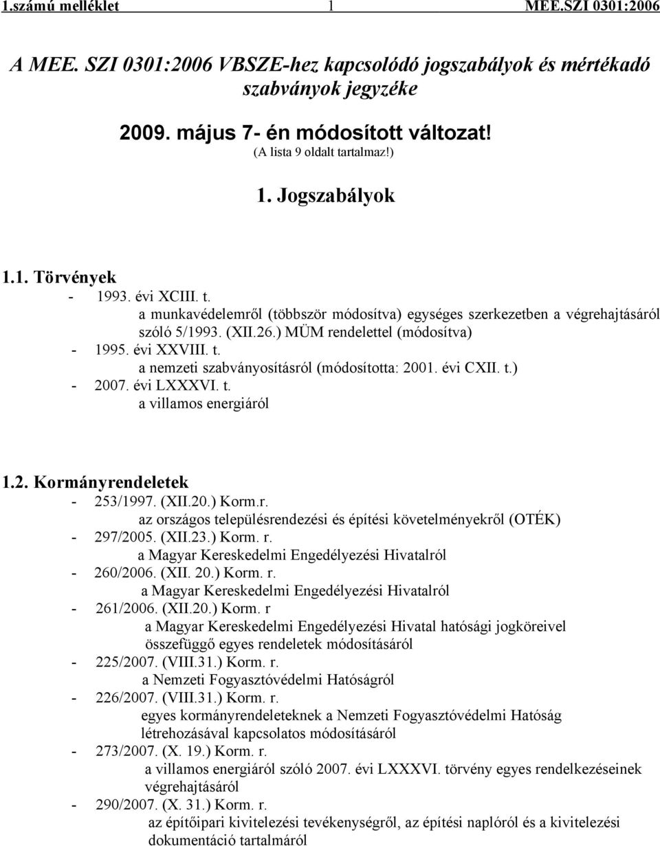 évi CXII. t.) - 2007. évi LXXXVI. t. a villamos energiáról 1.2. Kormányrendeletek - 253/1997. (XII.20.) Korm.r. az országos településrendezési és építési követelményekről (OTÉK) - 297/2005. (XII.23.