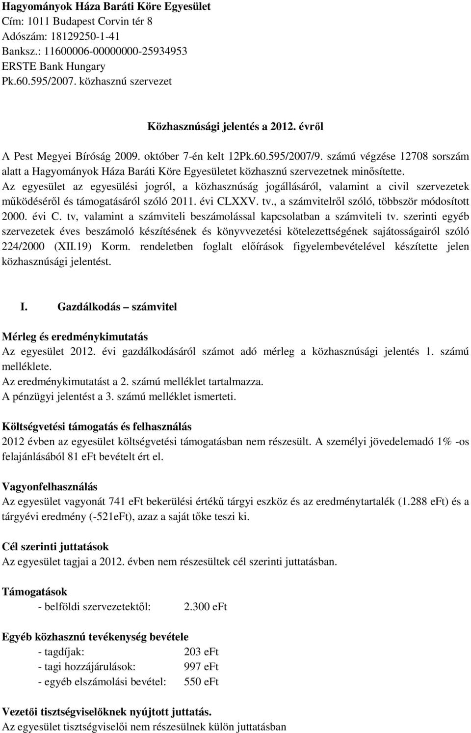 számú végzése 12708 sorszám alatt a Hagyományok Háza Baráti Köre Egyesületet közhasznú szervezetnek minısítette.