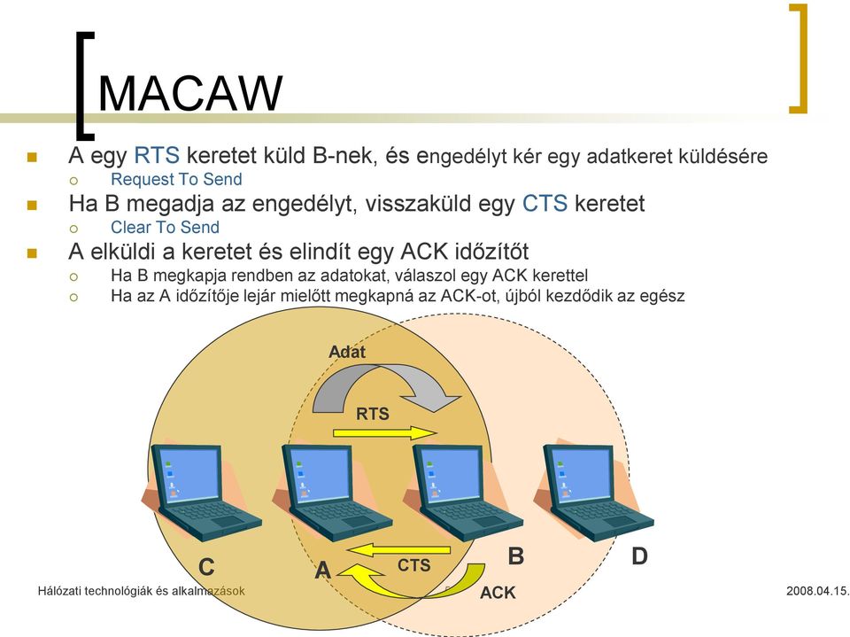 B megkapja rendben az adatokat, válaszol egy ACK kerettel Ha az A időzítője lejár mielőtt megkapná az