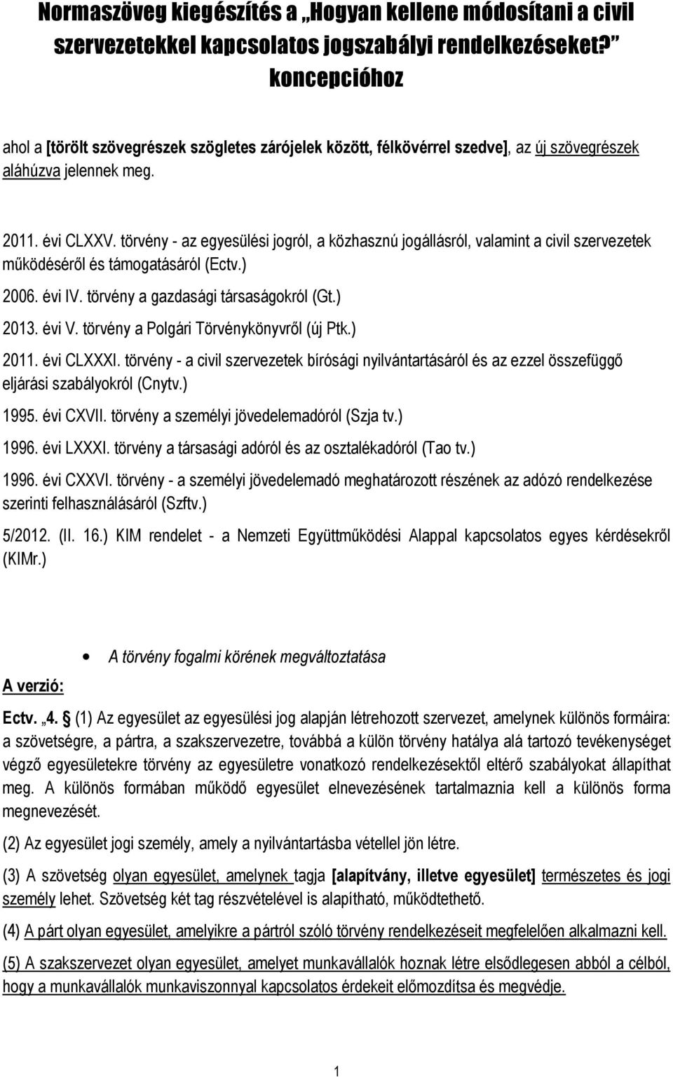 törvény - az egyesülési jogról, a közhasznú jogállásról, valamint a civil szervezetek működéséről és támogatásáról (Ectv.) 2006. évi IV. törvény a gazdasági társaságokról (Gt.) 2013. évi V.