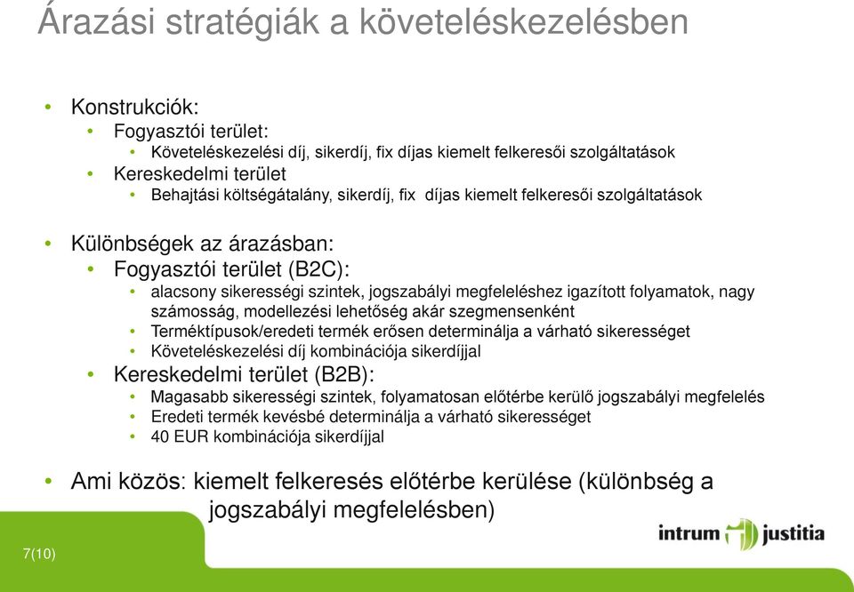 akár szegmensenként Terméktípusok/eredeti termék erősen determinálja a várható sikerességet Követeléskezelési díj kombinációja sikerdíjjal Kereskedelmi terület (B2B): Magasabb sikerességi szintek,