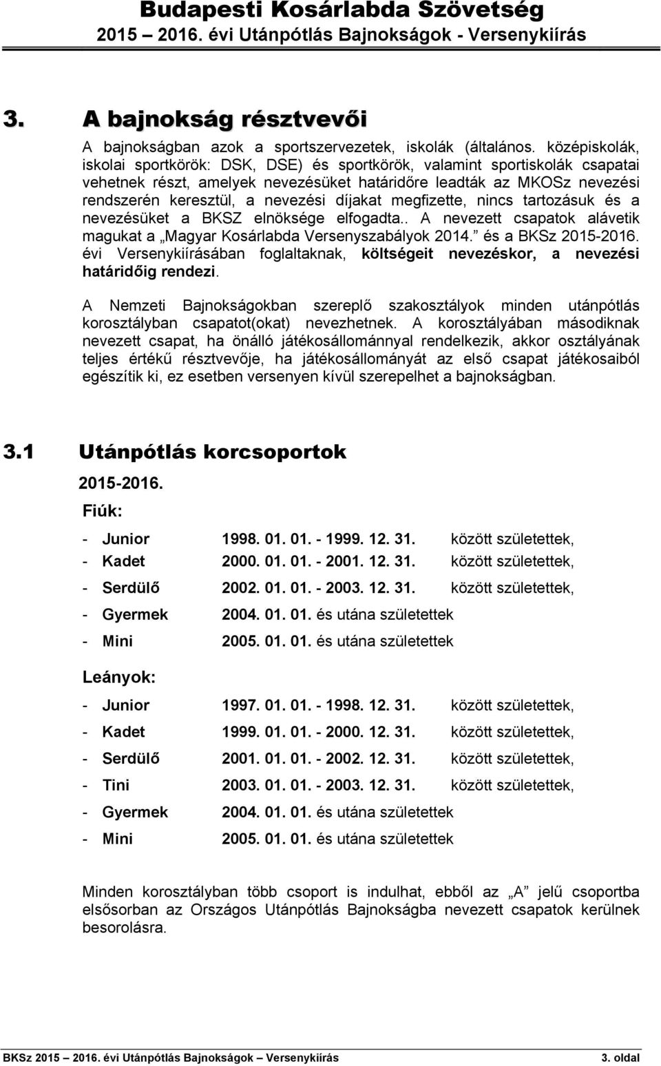 díjakat megfizette, nincs tartozásuk és a nevezésüket a BKSZ elnöksége elfogadta.. A nevezett csapatok alávetik magukat a Magyar Kosárlabda Versenyszabályok 2014. és a BKSz 2015-2016.