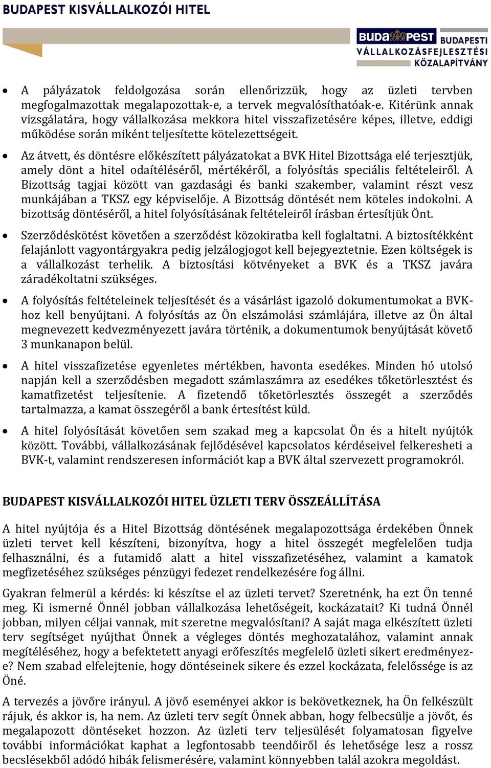 Az átvett, és döntésre előkészített pályázatokat a BVK Hitel Bizottsága elé terjesztjük, amely dönt a hitel odaítéléséről, mértékéről, a folyósítás speciális feltételeiről.