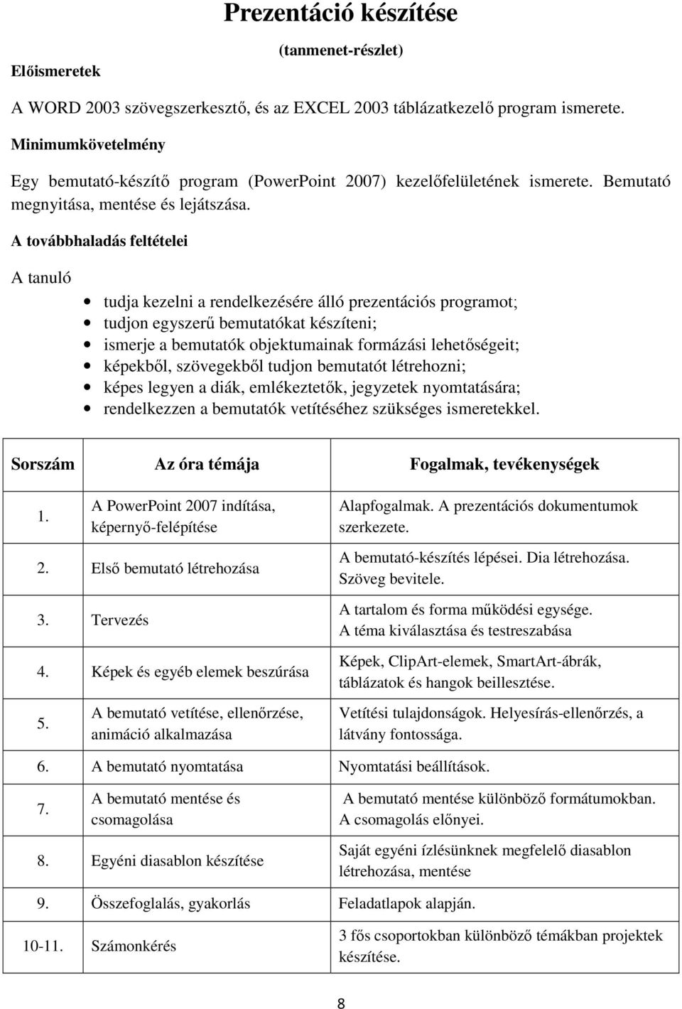 A továbbhaladás feltételei A tanuló tudja kezelni a rendelkezésére álló prezentációs programot; tudjon egyszerő bemutatókat készíteni; ismerje a bemutatók objektumainak formázási lehetıségeit;