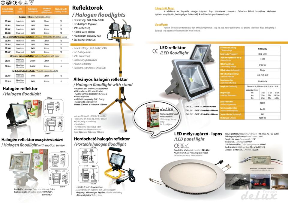 Halogen floodlight with stand DEL825 2x150W 78 mm 4 DEL82 2x500W 1 mm 4 Hordozható halogén reflektor / Portable halogen floodlight DEL823 150W 78 mm 10 DEL824 500W 1 mm 150W 500W Halogén reflektor