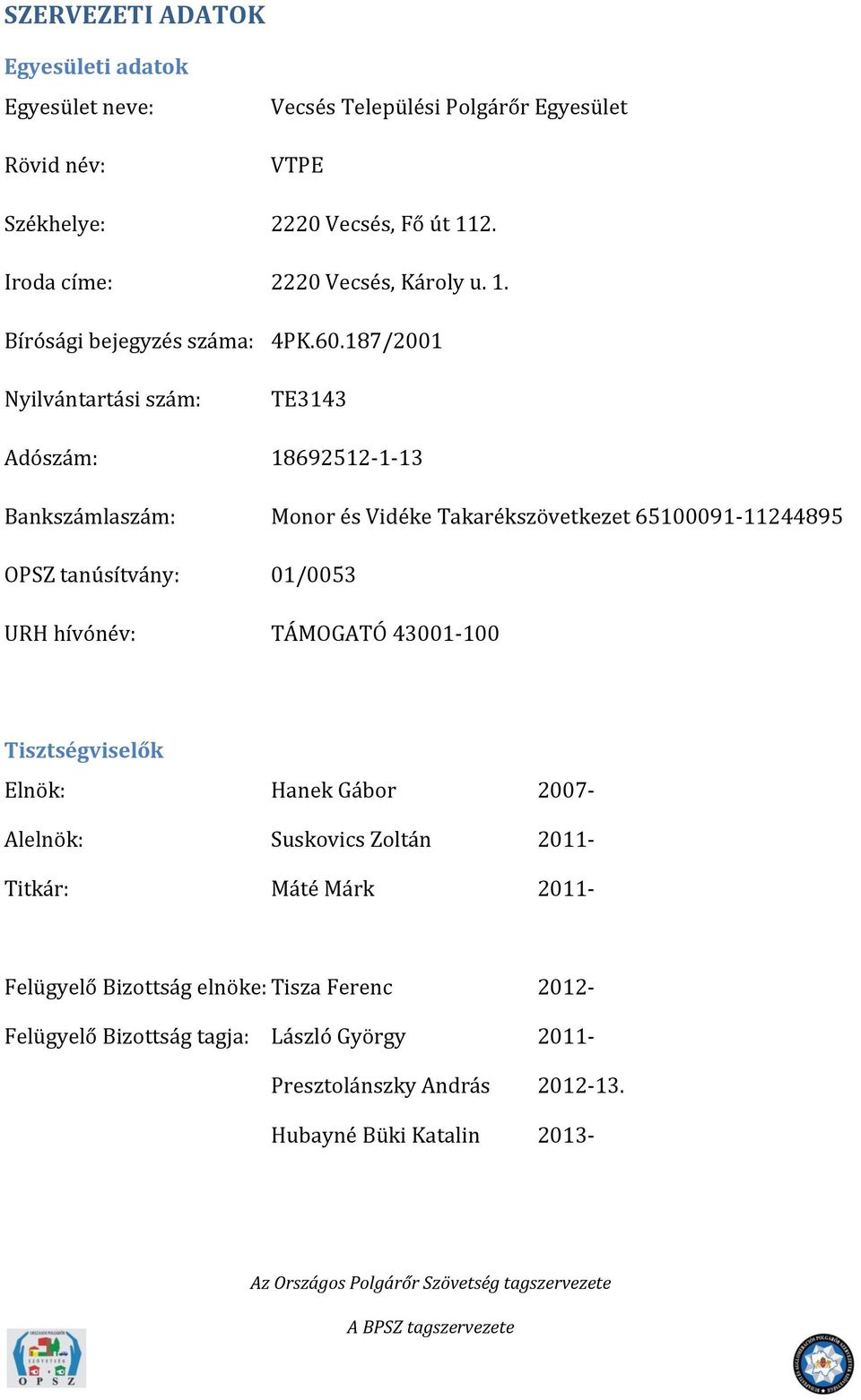 187/2001 Nyilvántartási szám: TE3143 Adószám: 18692512-1-13 Bankszámlaszám: Monor és Vidéke Takarékszövetkezet 65100091-11244895 OPSZ tanúsítvány: 01/0053 URH