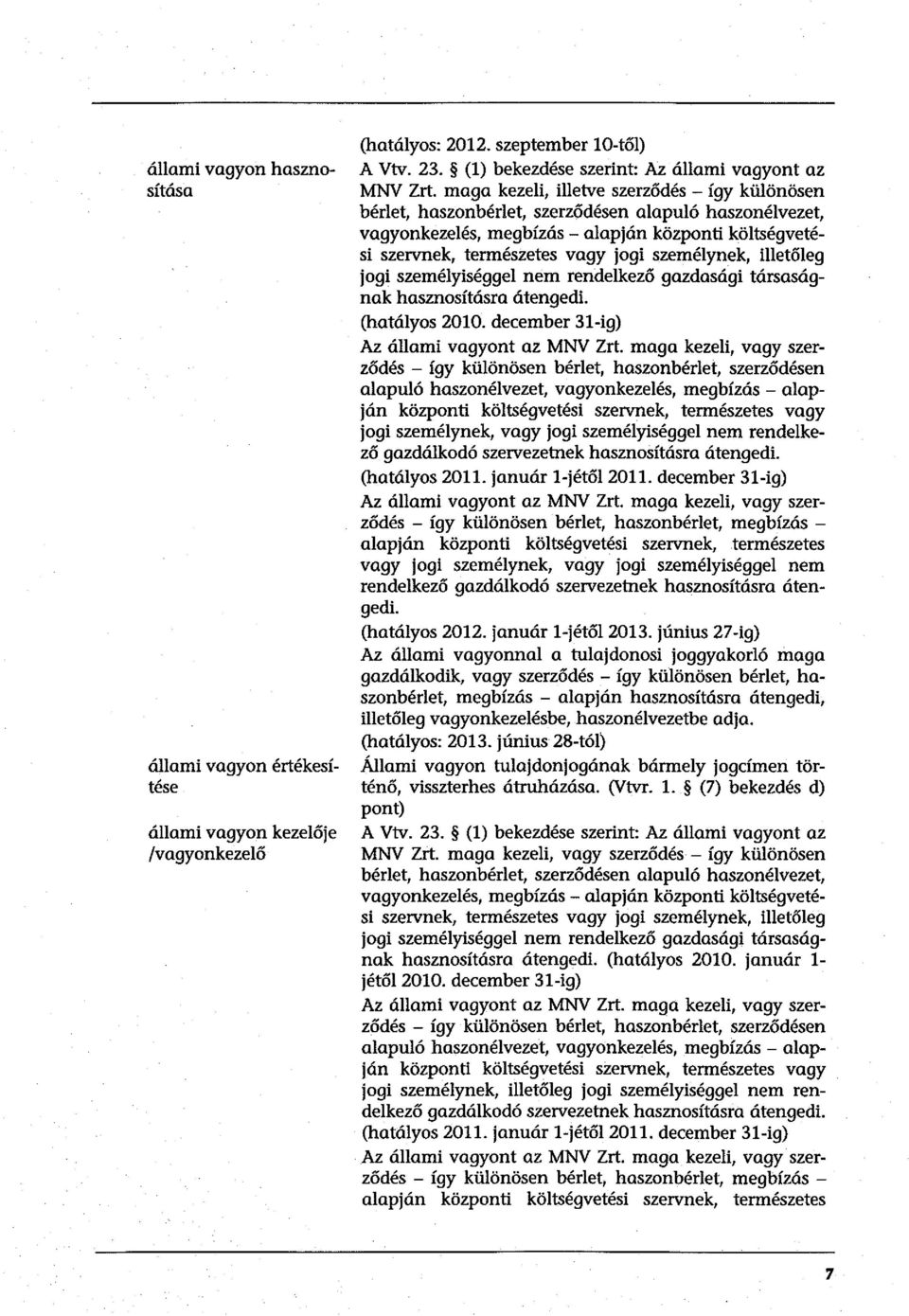 személynek, illetőleg jogi személyiséggel nem rendelkező gazdasági társaságnak hasznosításra átengedi. (hatályos 2010. december 31-ig) Az állami vagyont az MNV Zrt.