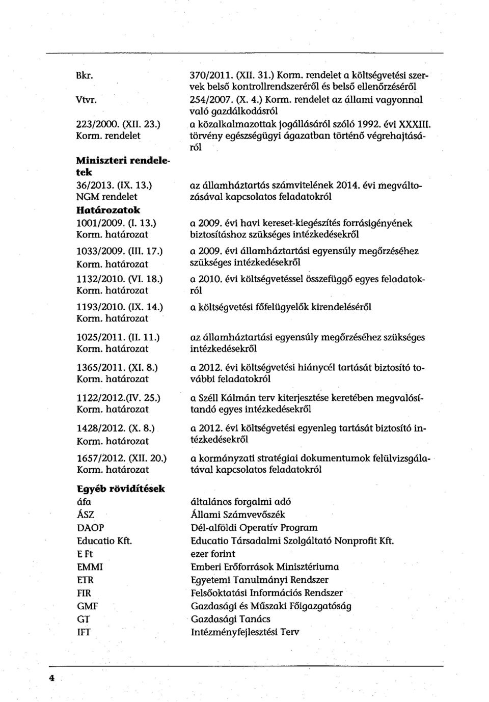 (XII. 20.) Korm. határozat Egyéb rövidítések áfa ÁSZ DAOP Educatio Kft. EFt EMMI ETR FIR GMF GT IFT 370/2011. (XII. 31.) Korm. rendelet a költségvetési szervek belső kontrollrendszeréről és belső ellenőrzéséről 254/2007.