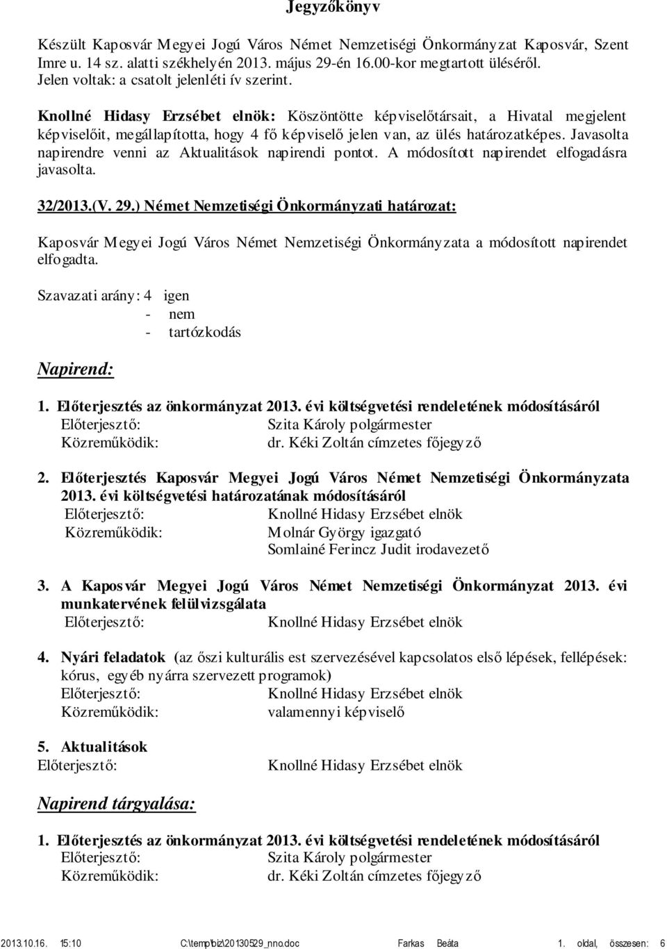 Javasolta napirendre venni az Aktualitások napirendi pontot. A módosított napirendet elfogadásra javasolta. 32/2013.(V. 29.