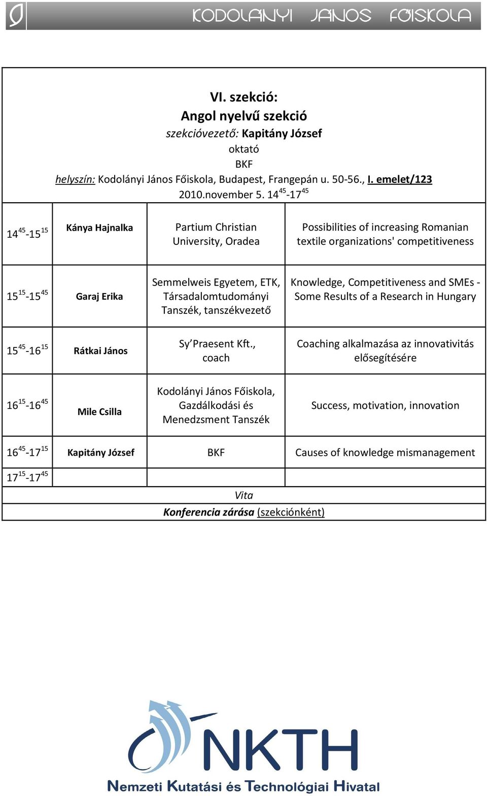 Egyetem, ETK, Társadalomtudományi Tanszék, tanszékvezető Knowledge, Competitiveness and SMEs - Some Results of a Research in Hungary 15 45-16 15 Rátkai János Sy Praesent Kft.