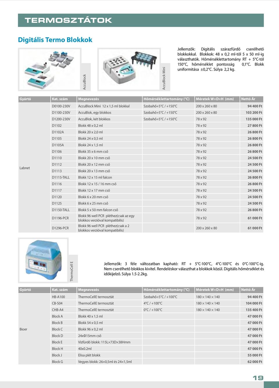 szám Megnevezés Hőmérséklettartomány ( C) Méretek W D H (mm) Nettó Ár D0100-230V AccuBlock Mini 12 x 1,5 ml blokkal Szobahő+5 C / +150 C 200 x 260 x 80 94 400 Ft D1100-230V AccuBlok, egy blokkos