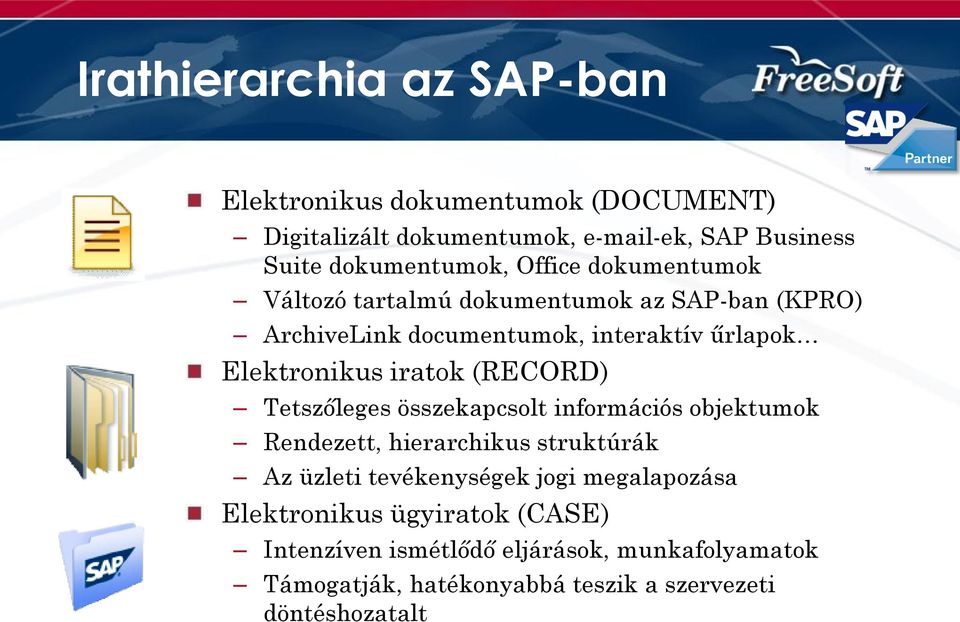 (RECORD) Tetszőleges összekapcsolt információs objektumok Rendezett, hierarchikus struktúrák Az üzleti tevékenységek jogi megalapozása