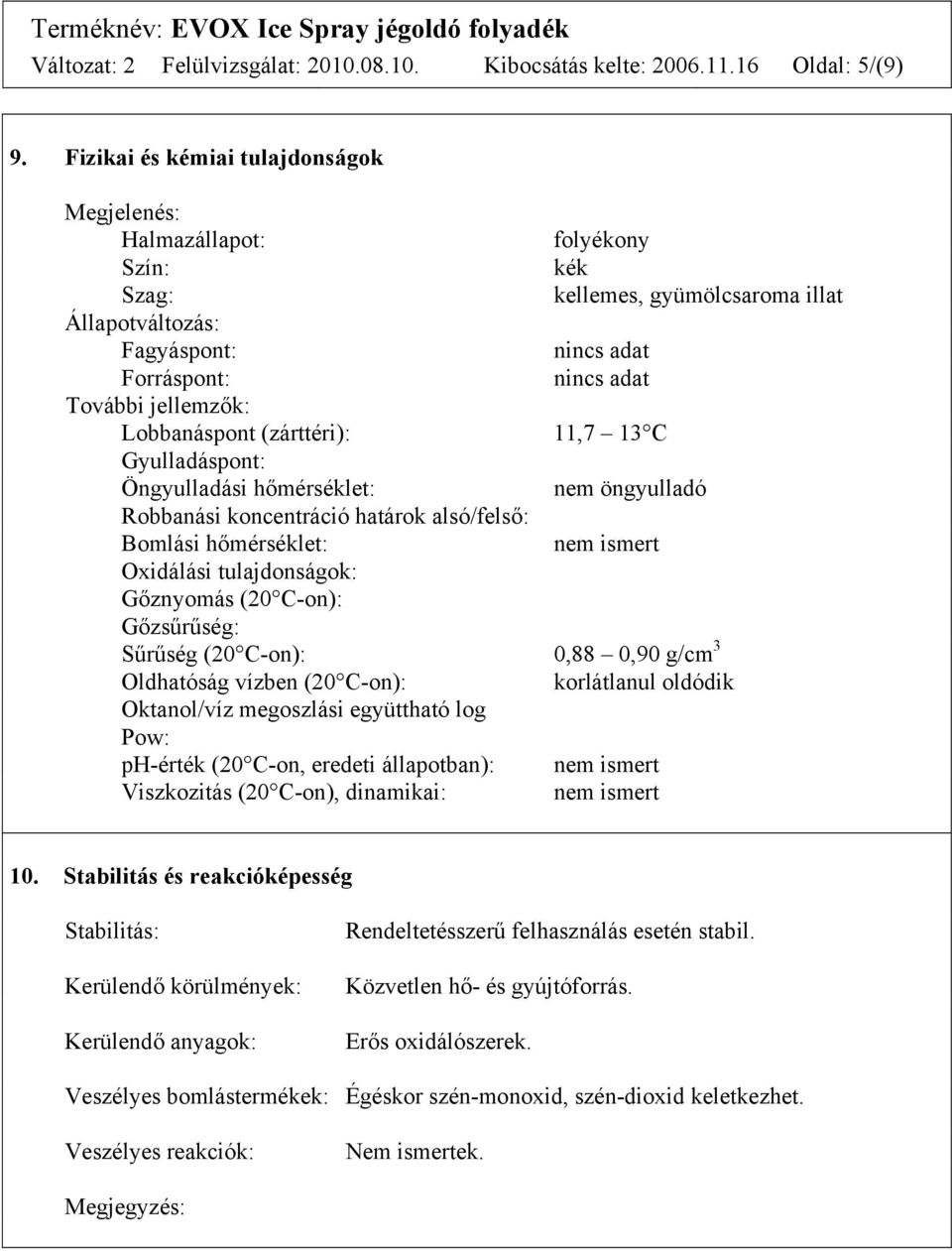 Lobbanáspont (zárttéri): 11,7 13 C Gyulladáspont: Öngyulladási hőmérséklet: nem öngyulladó Robbanási koncentráció határok alsó/felső: Bomlási hőmérséklet: nem ismert Oxidálási tulajdonságok: