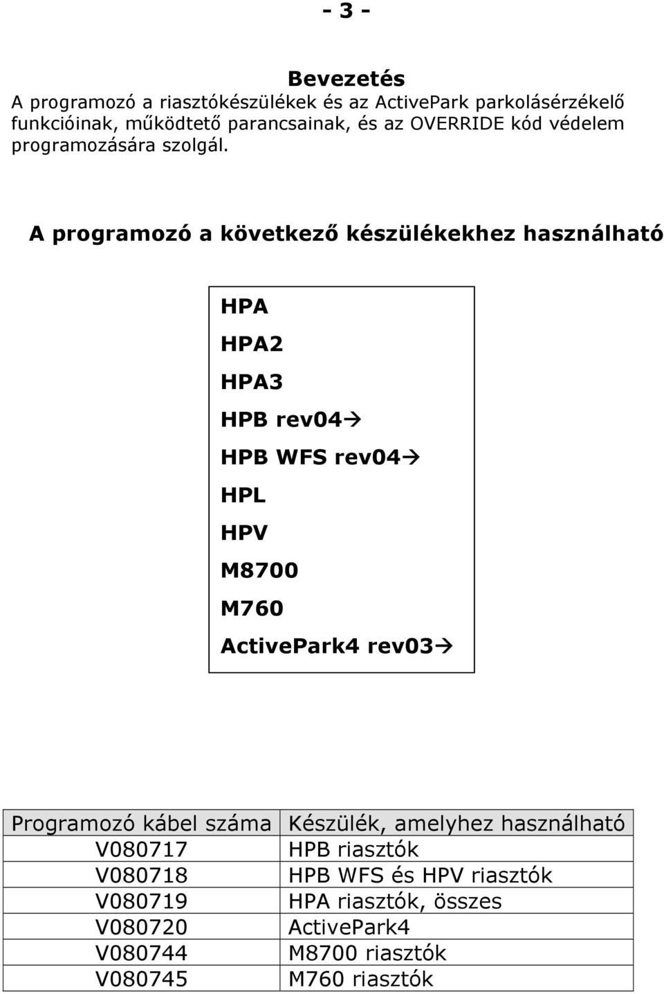 A programozó a következő készülékekhez használható HPA HPA2 HPA3 HPB rev04 HPB WFS rev04 HPL HPV M8700 M760 ActivePark4