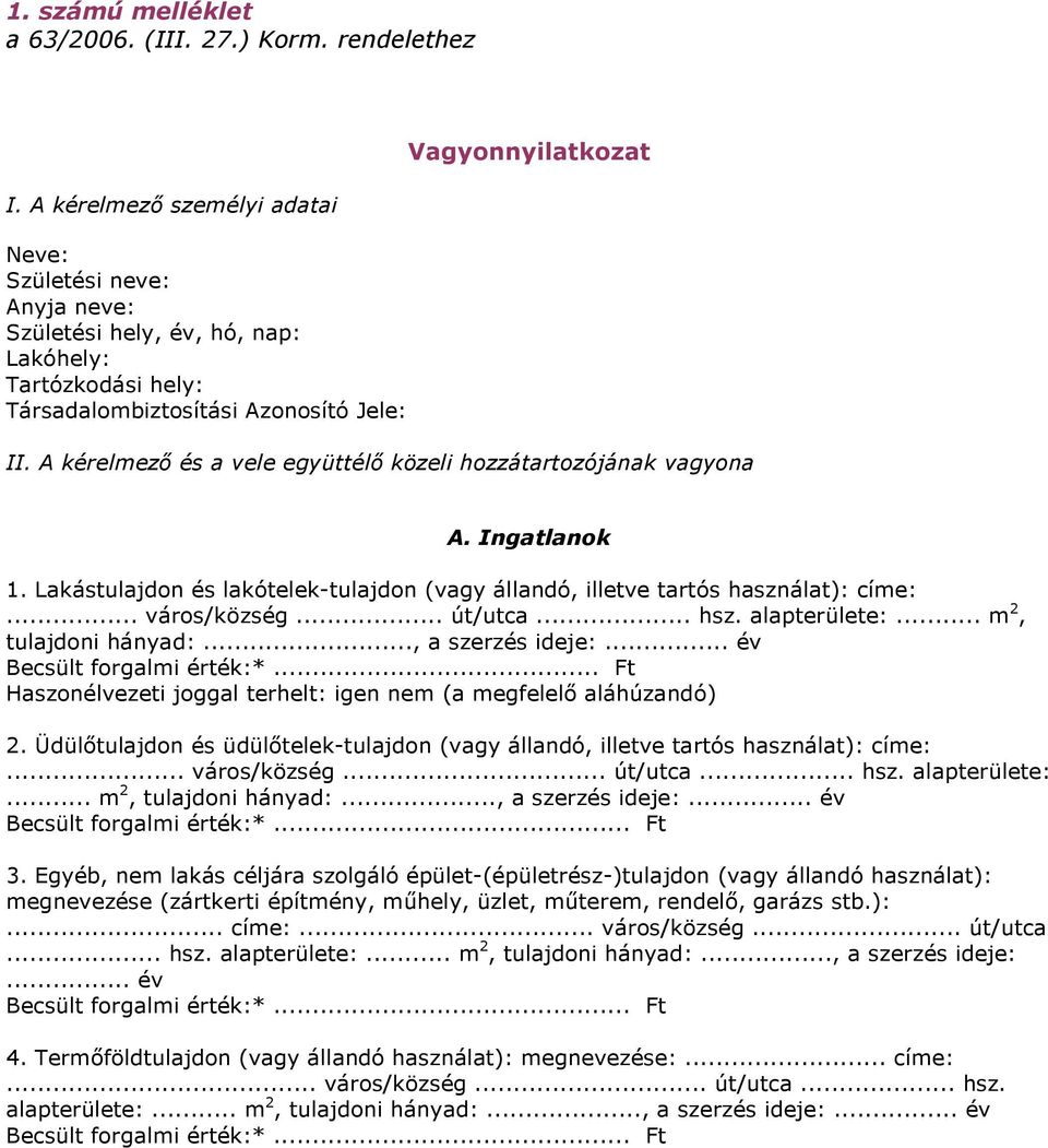 A kérelmező és a vele együttélő közeli hozzátartozójának vagyona A. Ingatlanok 1. Lakástulajdon és lakótelek-tulajdon (vagy állandó, illetve tartós használat): címe:... város/község... út/utca... hsz.