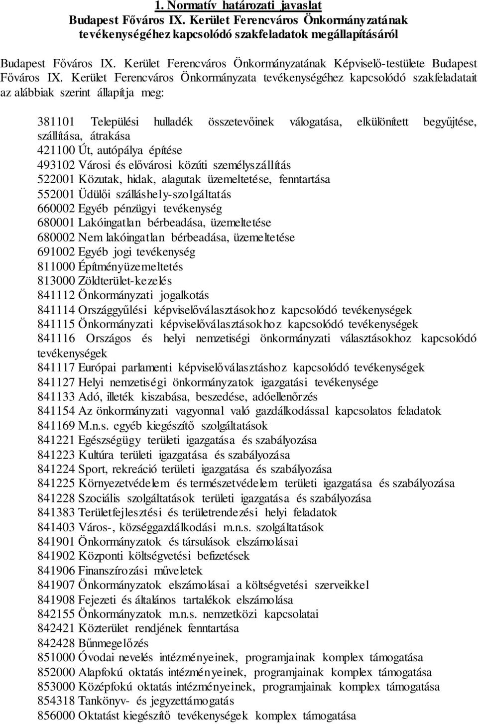 Kerület Ferencváros Önkormányzata tevékenységéhez kapcsolódó szakfeladatait az alábbiak szerint állapítja meg: 381101 Települési hulladék összetevőinek válogatása, elkülönített begyűjtése,