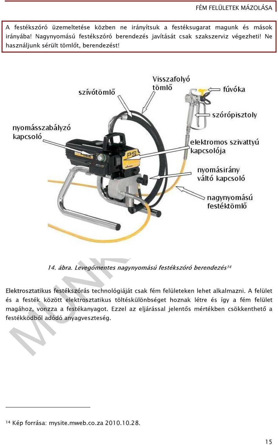 Levegőmentes nagynyomású festékszóró berendezés 14 Elektrosztatikus festékszórás technológiáját csak fém felületeken lehet alkalmazni.