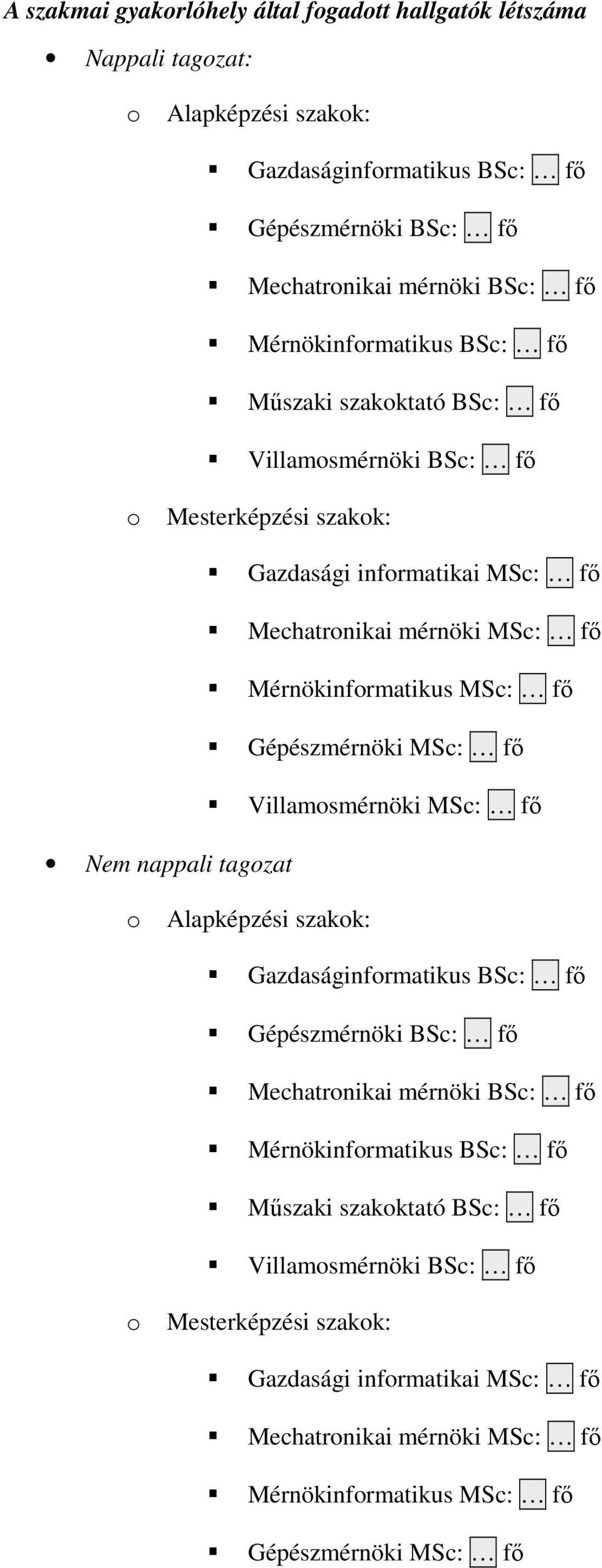 fő Gépészmérnöki MSc: fő Villamosmérnöki MSc: fő Nem nappali tagozat o Alapképzési szakok: Gazdaságinformatikus BSc: fő Gépészmérnöki BSc: fő Mechatronikai mérnöki BSc: fő  fő