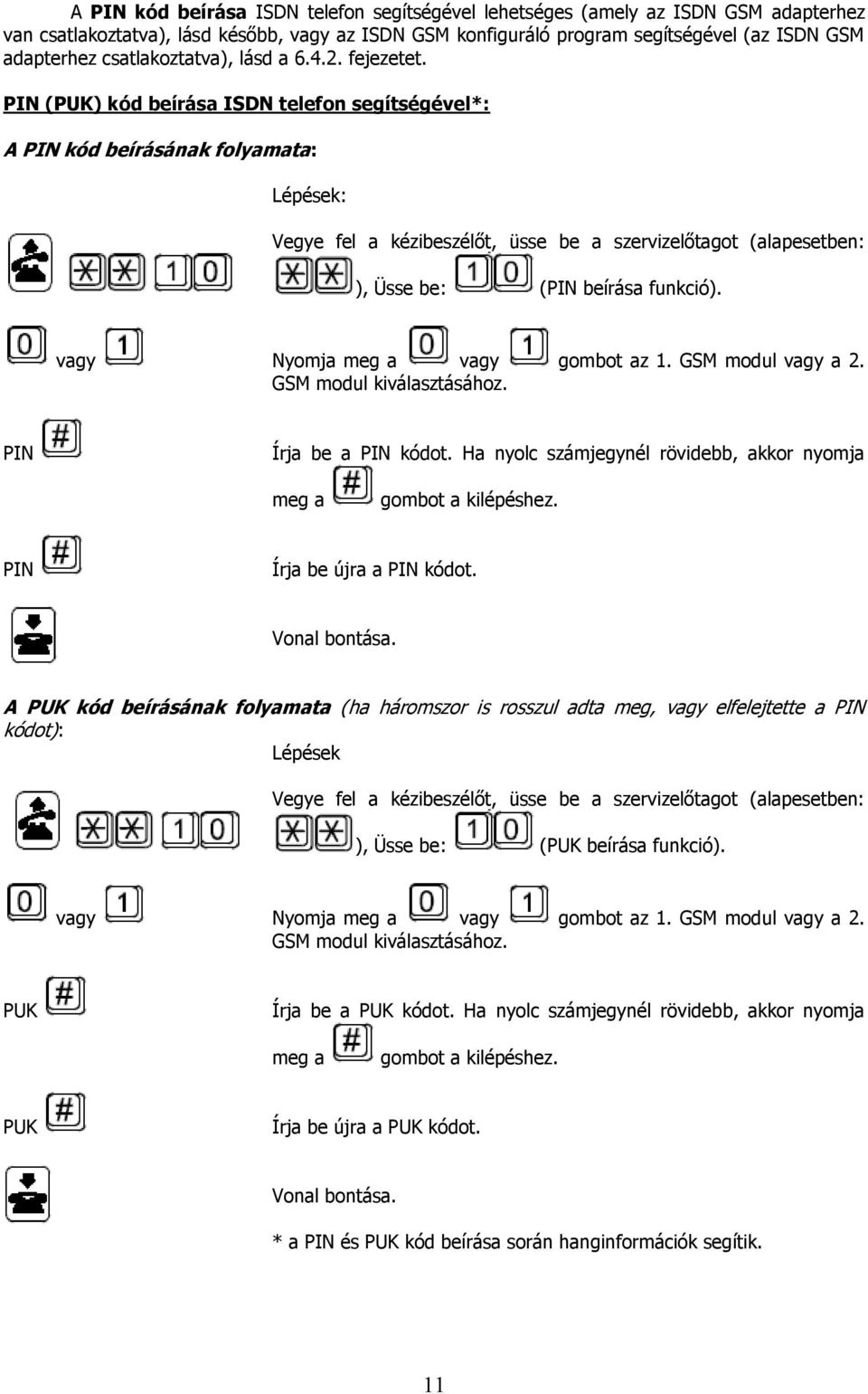 PIN (PUK) kód beírása ISDN telefon segítségével*: A PIN kód beírásának folyamata: Lépések: Vegye fel a kézibeszélőt, üsse be a szervizelőtagot (alapesetben: ), Üsse be: (PIN beírása funkció).