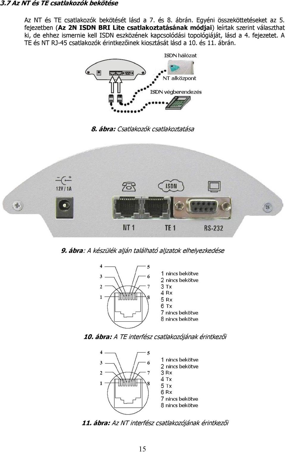 topológiáját, lásd a 4. fejezetet. A TE és NT RJ-45 csatlakozók érintkezőinek kiosztását lásd a 10. és 11. ábrán. 8.