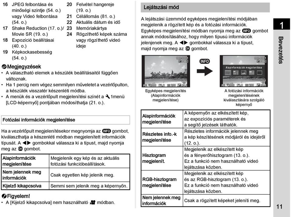 ) 22 Aktuális dátum és idő 23 Memóriakártya 24 Rögzíthető képek száma vagy rögzíthető videó ideje tmegjegyzések A választható elemek a készülék beállításaitól függően változnak.