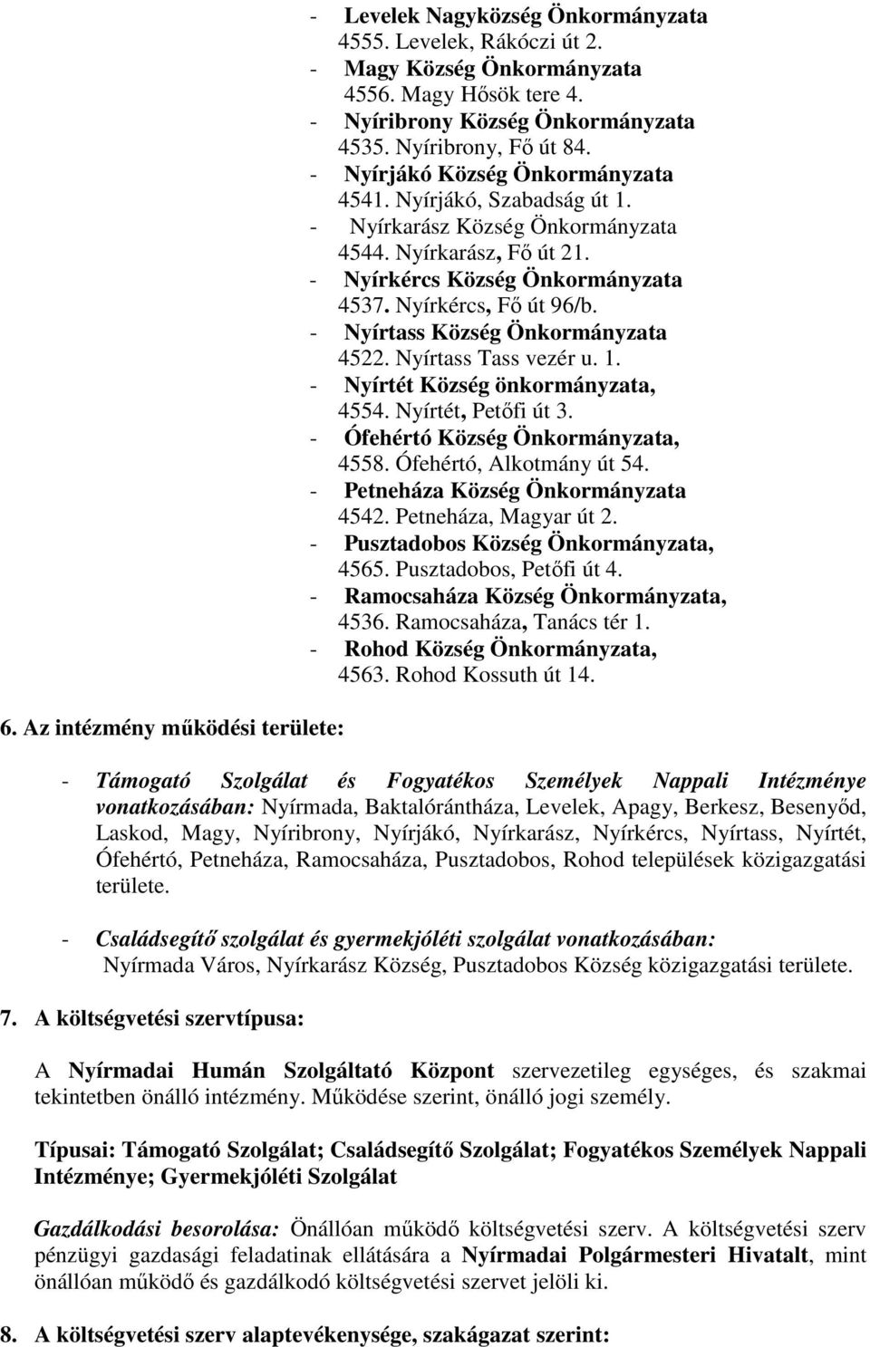 Nyírkércs, Fő út 96/b. - Nyírtass Község Önkormányzata 4522. Nyírtass Tass vezér u. 1. - Nyírtét Község önkormányzata, 4554. Nyírtét, Petőfi út 3. - Ófehértó Község Önkormányzata, 4558.