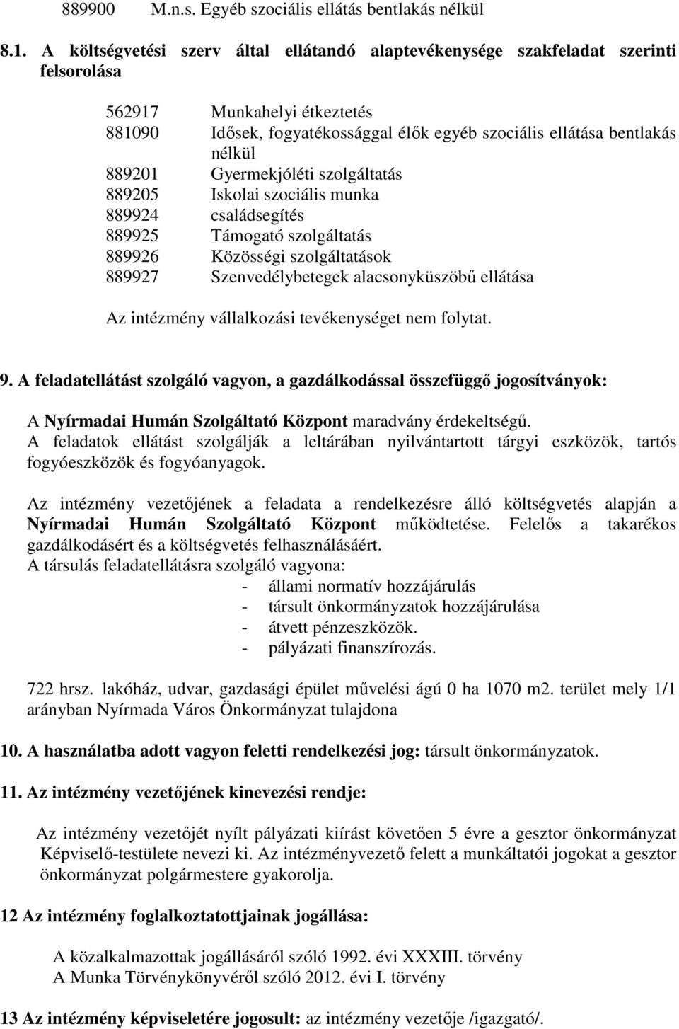 889201 Gyermekjóléti szolgáltatás 889205 Iskolai szociális munka 889924 családsegítés 889925 Támogató szolgáltatás 889926 Közösségi szolgáltatások 889927 Szenvedélybetegek alacsonyküszöbű ellátása Az