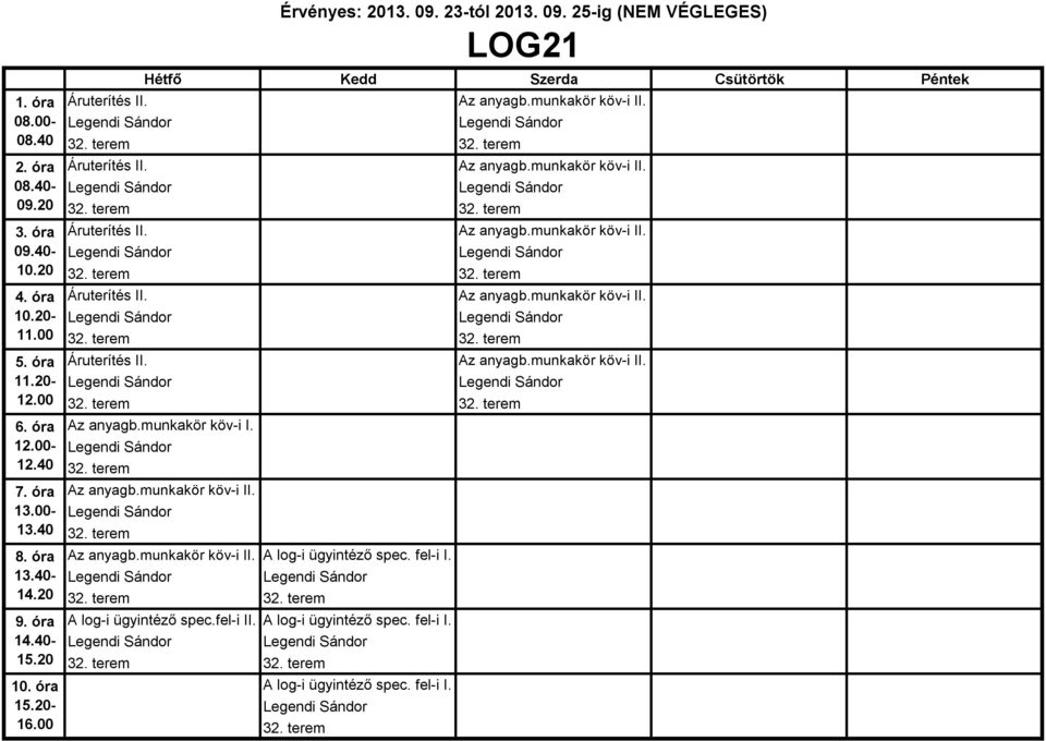 terem A log-i ügyintéző spec.fel-i II. A log-i ügyintéző spec. fel-i I. 32. terem 32. terem A log-i ügyintéző spec. fel-i I. 32. terem
