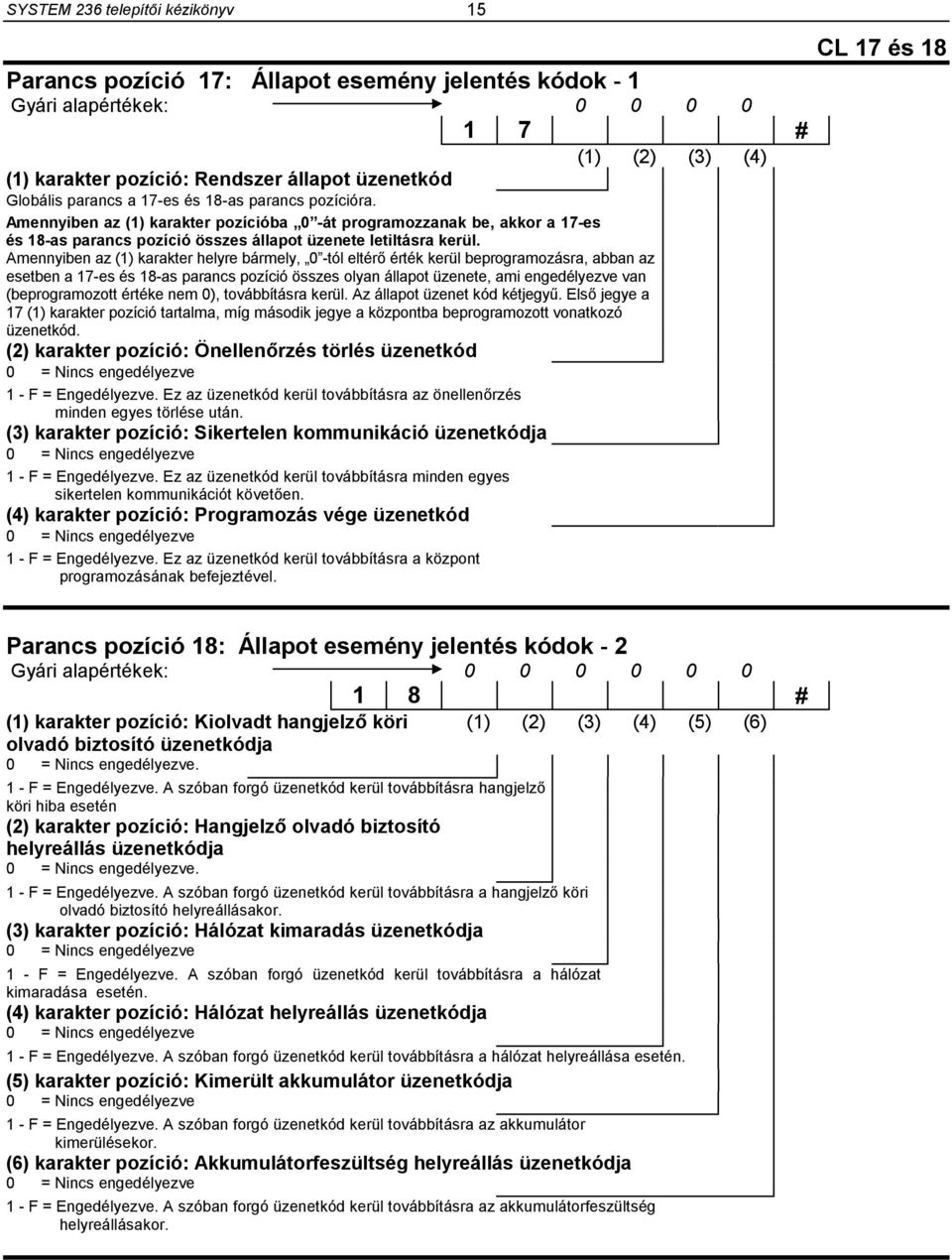 Amennyiben az (1) karakter helyre bármely, 0 -tól eltérő érték kerül beprogramozásra, abban az esetben a 17-es és 18-as parancs pozíció összes olyan állapot üzenete, ami engedélyezve van