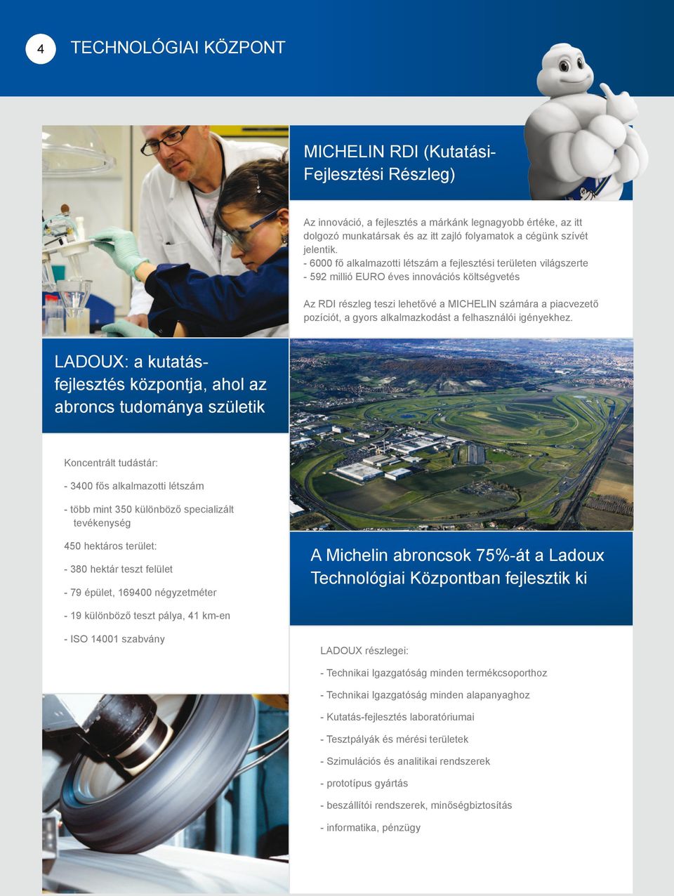 - 6000 fő alkalmazotti létszám a fejlesztési területen világszerte - 592 millió EURO éves innovációs költségvetés Az RDI részleg teszi lehetővé a MICHELIN számára a piacvezető pozíciót, a gyors