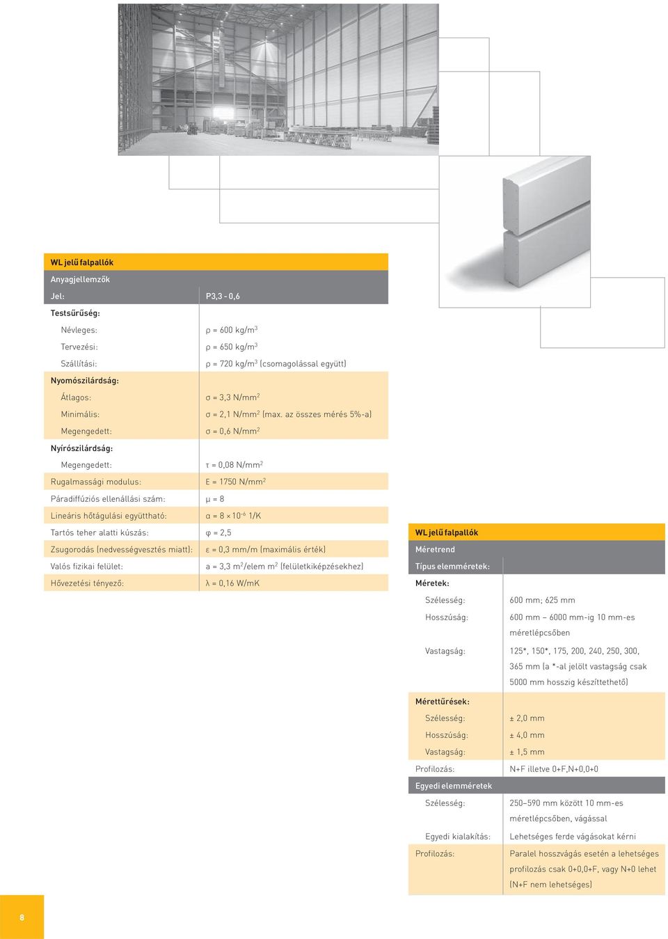 az összes mérés 5%-a) Megengedett: σ = 0,6 N/mm 2 Nyírószilárdság: Megengedett: τ = 0,08 N/mm 2 Rugalmassági modulus: Ε = 1750 N/mm 2 Páradiffúziós ellenállási szám: μ = 8 Lineáris hőtágulási