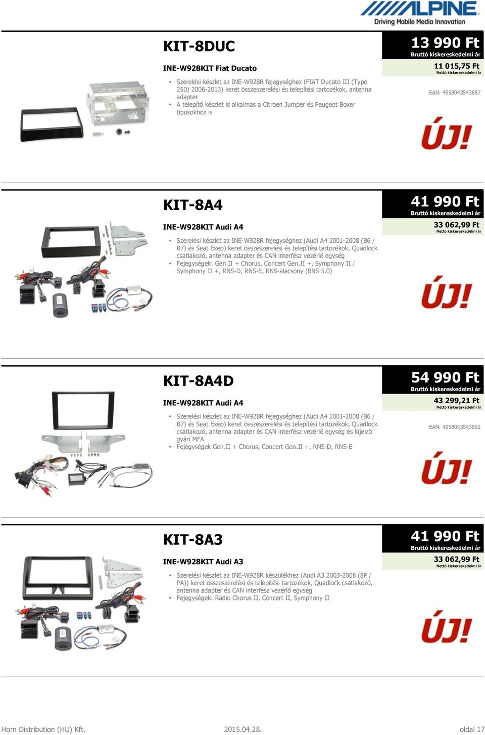 B7) és Seat Exeo) keret összeszerelési és telepítési tartozékok, Quadlock csatlakozó, antenna adapter és CAN interfész vezérlő egység Fejegységek: Gen.II + Chorus, Concert Gen.