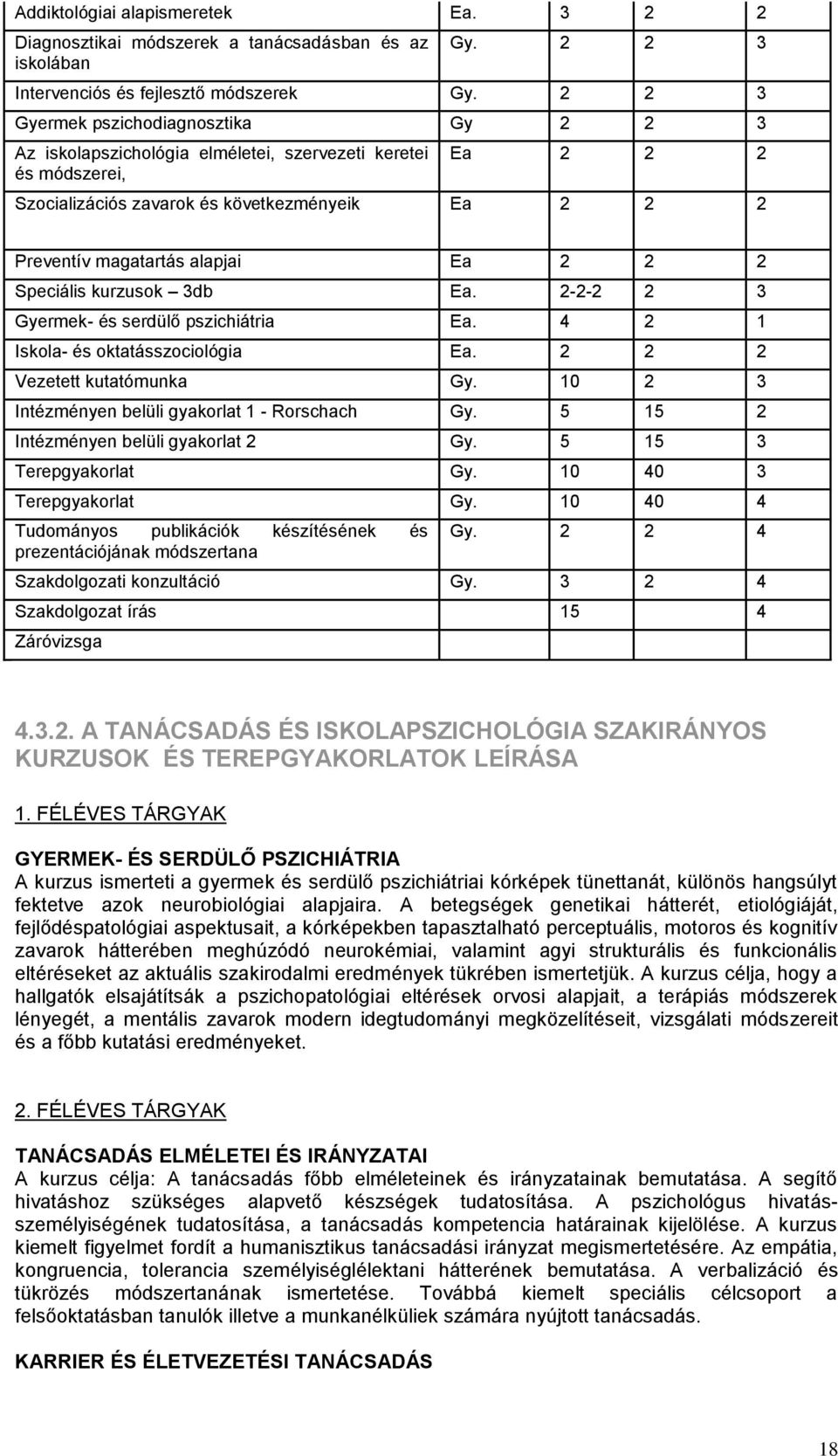 Ea 2 2 2 Speciális kurzusok 3db Ea. 2-2-2 2 3 Gyermek- és serdülő pszichiátria Ea. 4 2 1 Iskola- és oktatásszociológia Ea. 2 2 2 Vezetett kutatómunka Gy.