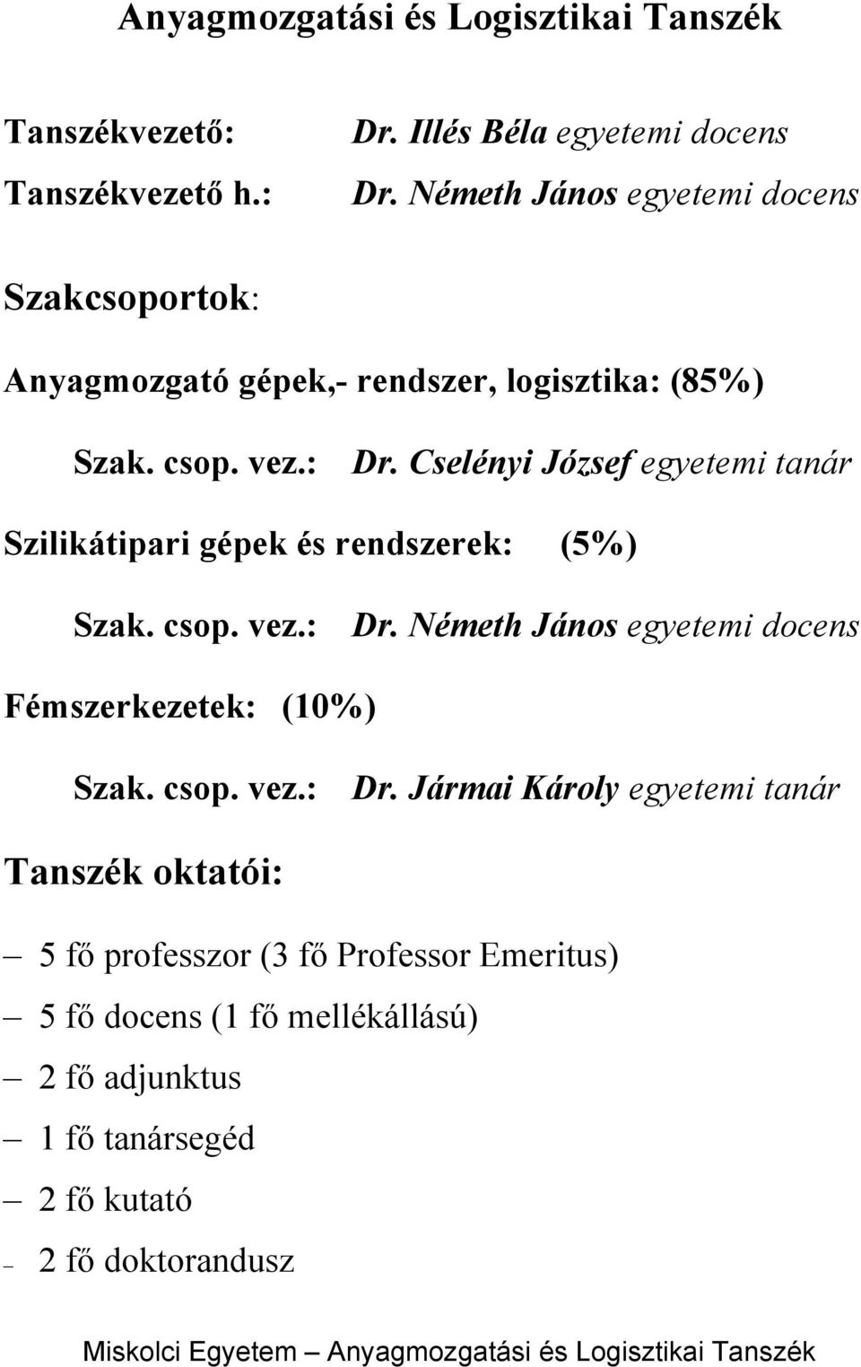 Cselényi József egyetemi tanár Szilikátipari gépek és rendszerek: (5%) Szak. csop. vez.: Dr.