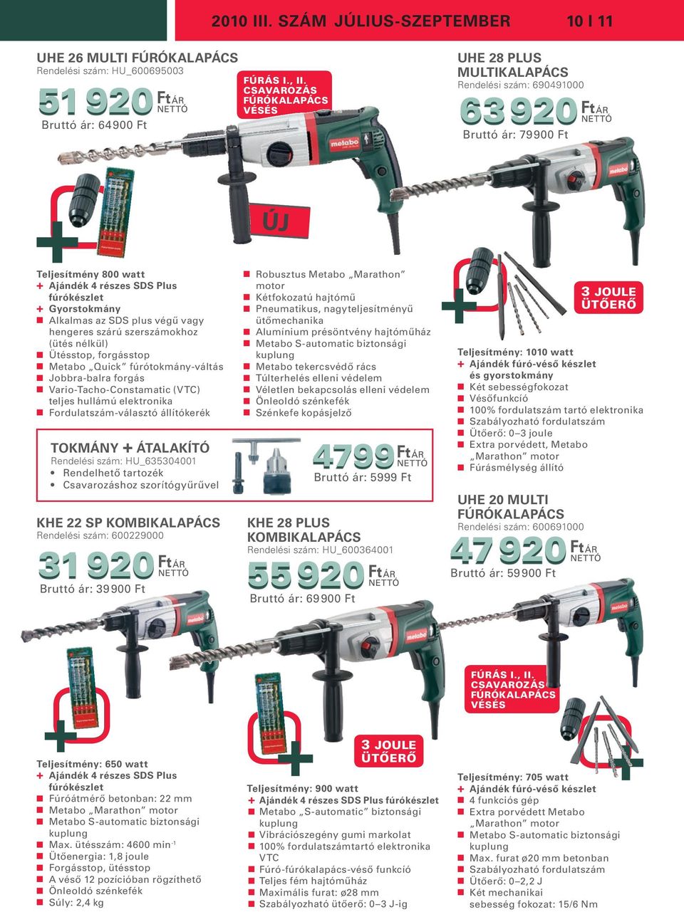 SDS plus végű vagy hengeres szárú szerszámokhoz (ütés nélkül) Ütésstop, forgásstop Metabo Quick fúrótokmány-váltás Jobbra-balra forgás Vario-Tacho-Constamatic (VTC) teljes hullámú elektronika