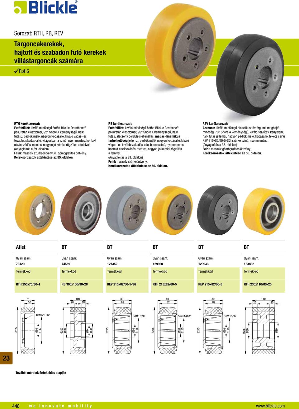 RB keréksorozat: Futófelület: kiváló minőségű öntött Blickle Besthane futás, alacsony gördülési ellenállás, magas dinamikus terhelhetőség jellemzi, padlókímélő, nagyon kopásálló, kiváló vágás- és