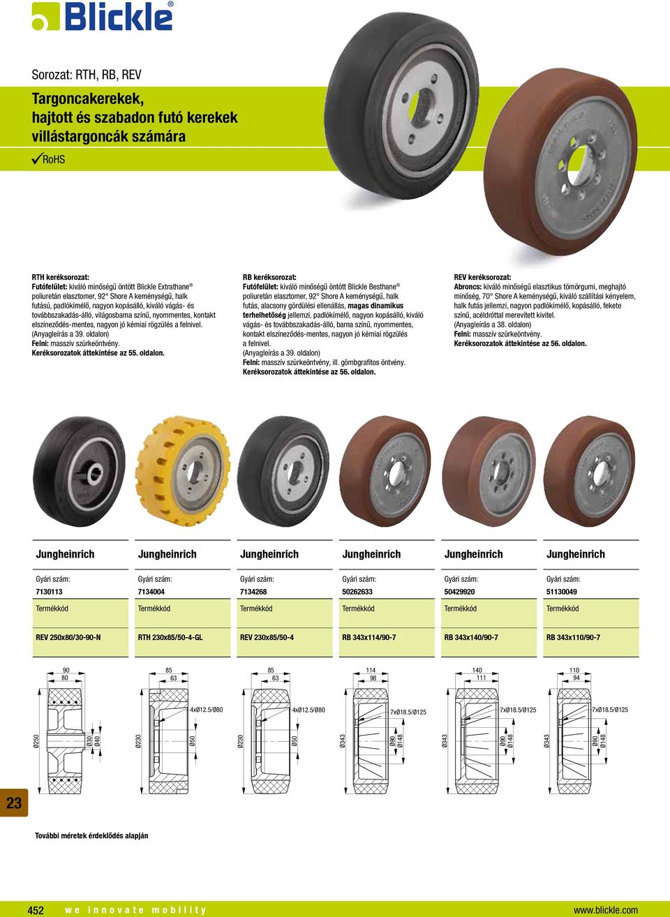 RB keréksorozat: Futófelület: kiváló minőségű öntött Blickle Besthane futás, alacsony gördülési ellenállás, magas dinamikus terhelhetőség jellemzi, padlókímélő, nagyon kopásálló, kiváló vágás- és