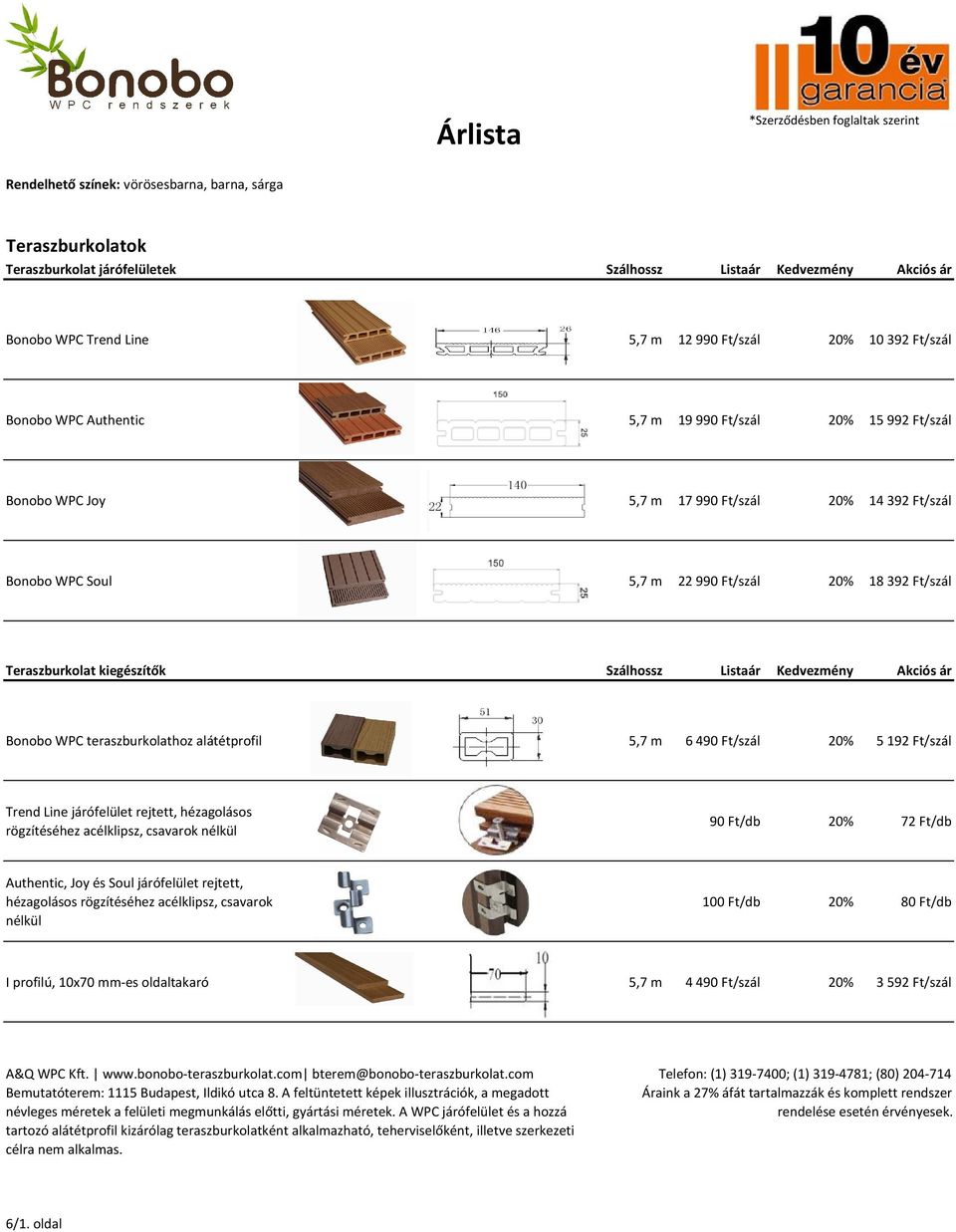 Ft/szál Teraszburkolat kiegészítők Szálhossz Listaár Kedvezmény Akciós ár Bonobo WPC teraszburkolathoz alátétprofil 5,7 m 6 490 Ft/szál 20% 5 192 Ft/szál Trend Line járófelület rejtett, hézagolásos