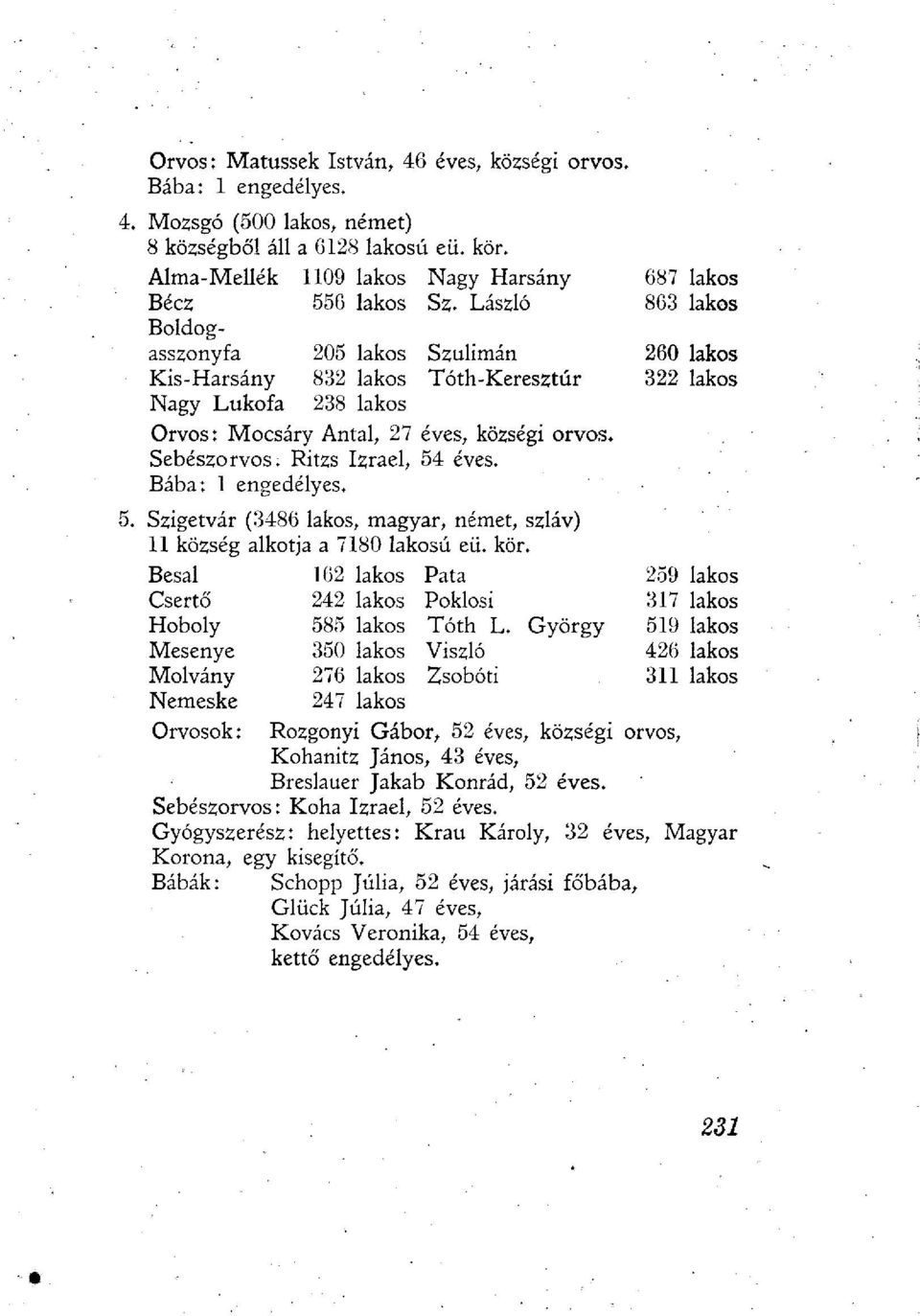 Bába: 1 engedélyes. 687 lakos 863 lakos 260 lakos 322 lakos Szigetvár (3486 lakos, magyar, német, szláv) 11 község alkotja a 7180 lakosú eü. kör.