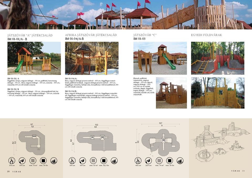 dobogó 150 cm, csúszda 150 cm, mászófal, 150 cm-ről induló csúszda IM 01-04/A: létra, négyzet dobogó piramis tetővel 150 cm, függőleges mászókötél, pallóhíd korláttal, négyzet dobogó piramis tetővel