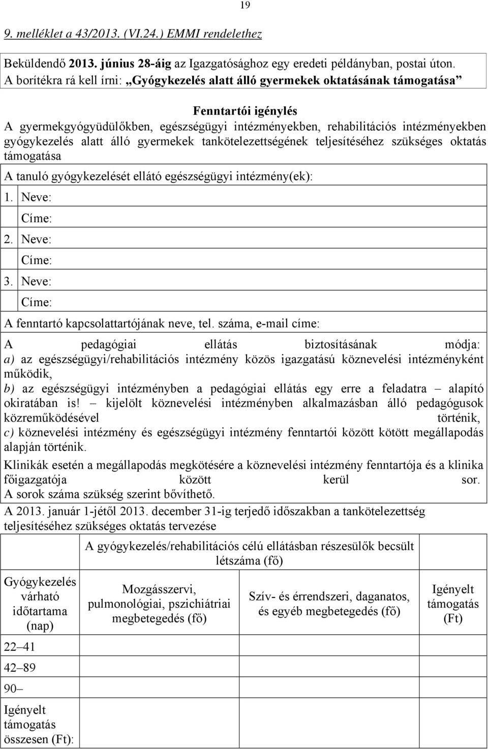 alatt álló gyermekek tankötelezettségének teljesítéséhez szükséges oktatás támogatása A tanuló gyógykezelését ellátó egészségügyi intézmény(ek): 1. Neve: Címe: 2. Neve: Címe: 3.