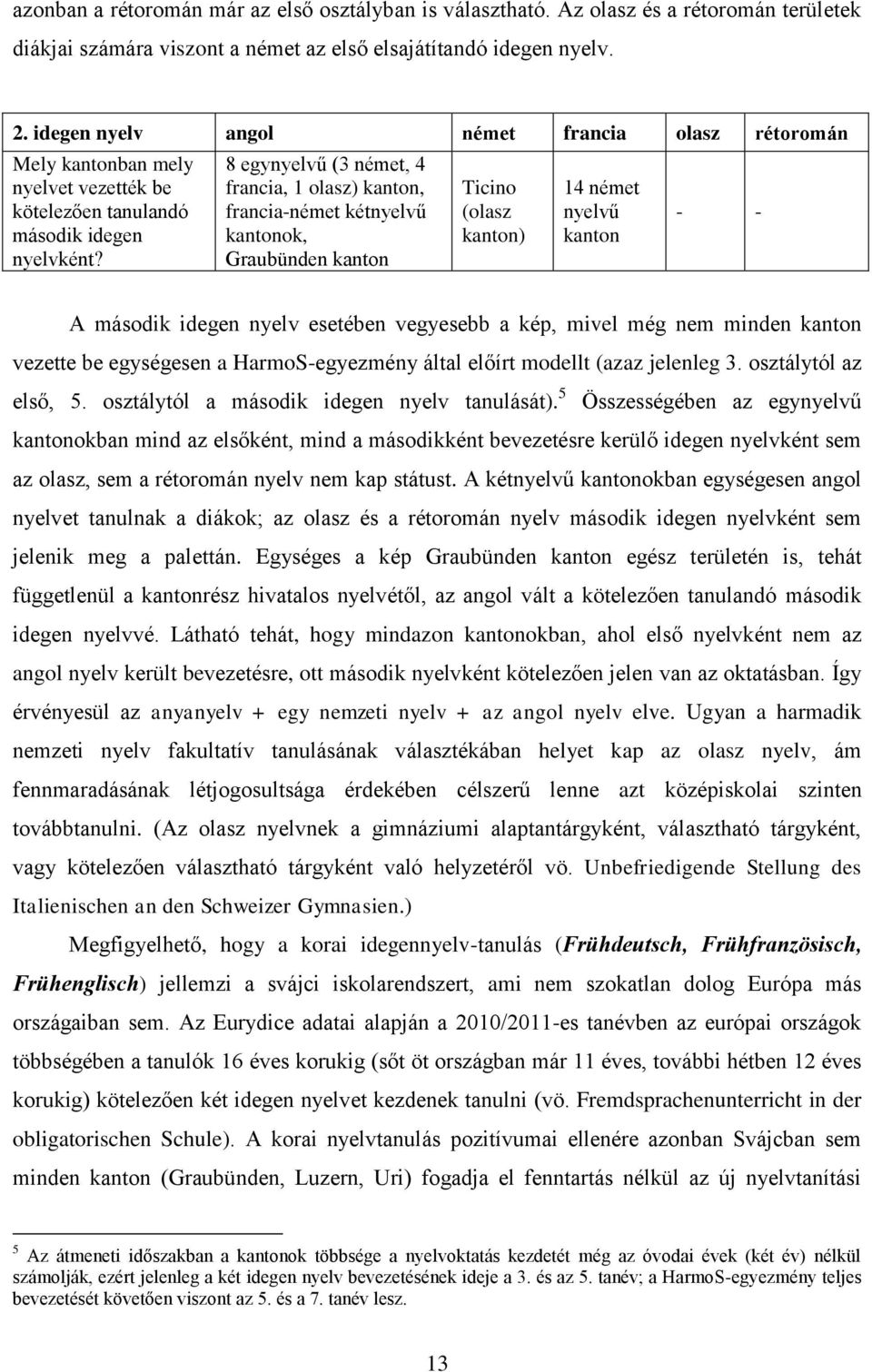 8 egynyelvű (3 német, 4 francia, 1 olasz) kanton, francia-német kétnyelvű kantonok, Graubünden kanton Ticino (olasz kanton) 14 német nyelvű kanton - - A második idegen nyelv esetében vegyesebb a kép,