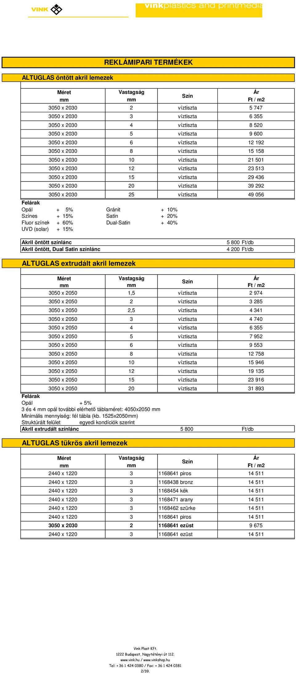 501 2 51 29 46 9 292 49 056 5 800 Ft/db 4 200 Ft/db ALTUGLAS extrudált akril lemezek 050 x 2050 050 x 2050 1,5 050 x 2050 2,5 050 x 2050 2 050 x 2050 4 050 x 2050 5 050 x 2050 12 050 x 2050 Felárak