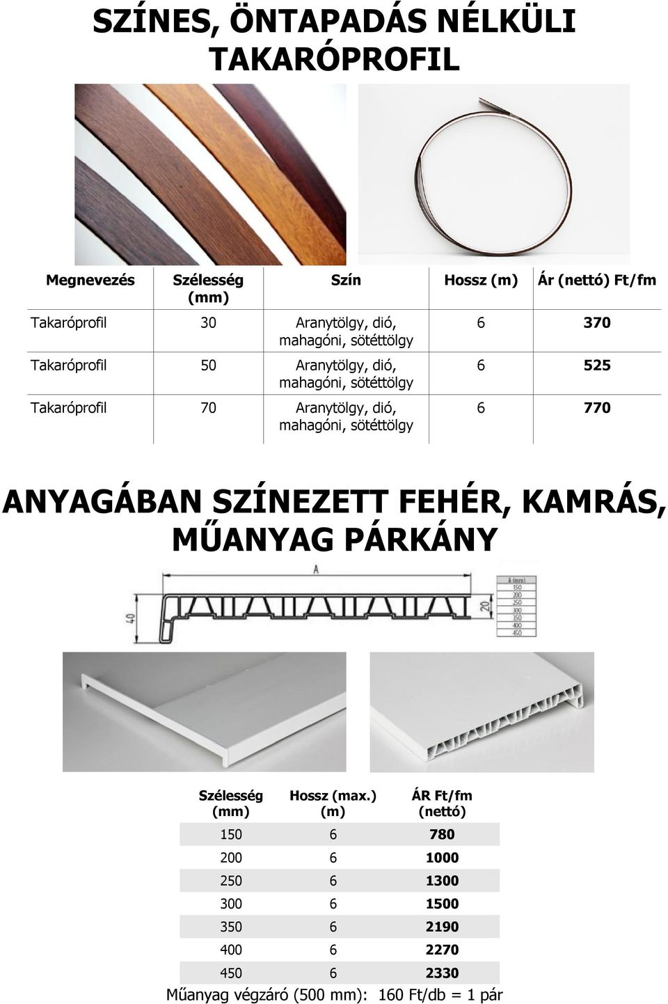 mahagóni, sötéttölgy 6 370 6 525 6 770 ANYAGÁBAN SZÍNEZETT FEHÉR, KAMRÁS, MŰANYAG PÁRKÁNY Szélesség Hossz (max.