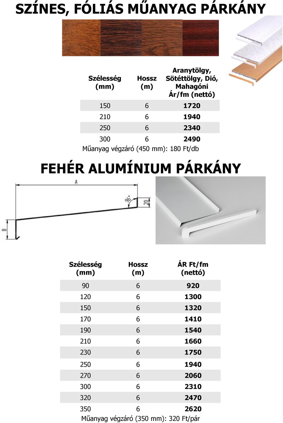 ALUMÍNIUM PÁRKÁNY Szélesség Hossz (m) ÁR Ft/fm (nettó) 90 6 920 20 6 300 50 6 320 70 6 40 90 6