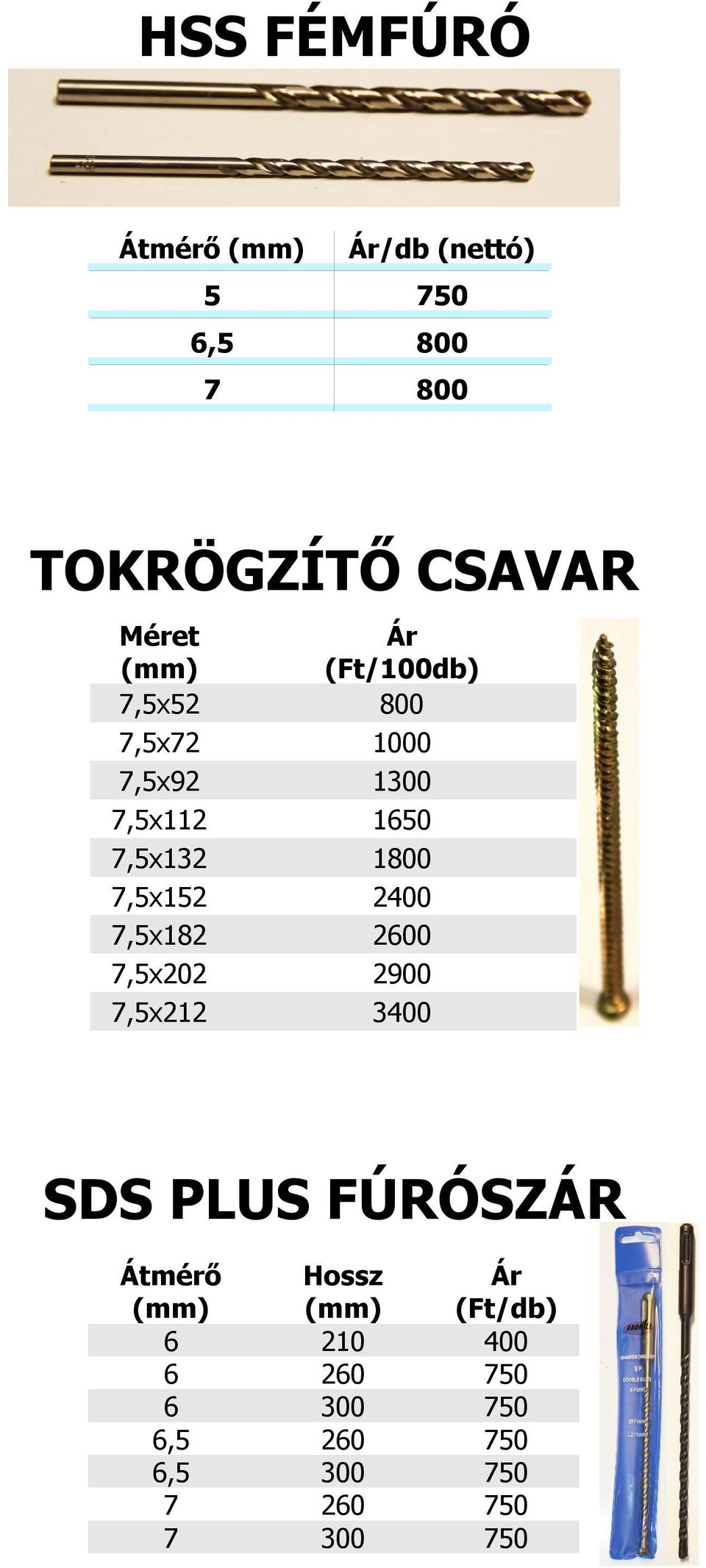 2400 7,5x82 2600 7,5x202 2900 7,5x22 3400 SDS PLUS FÚRÓSZÁR Átmérő Hossz 6