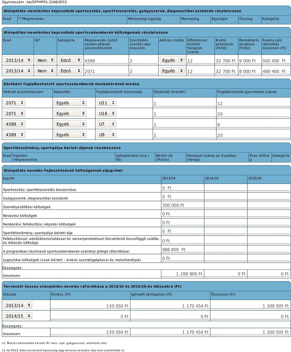 Kategória Megnevezés (edző esetén oklevél azonosítószám) Szerződés szerinti napi óraszám Adózás módja Kifizetéssel érintett hónapok száma Bruttó juttatások (Ft/hó) Munkáltatói járulékok (Ft/hó)