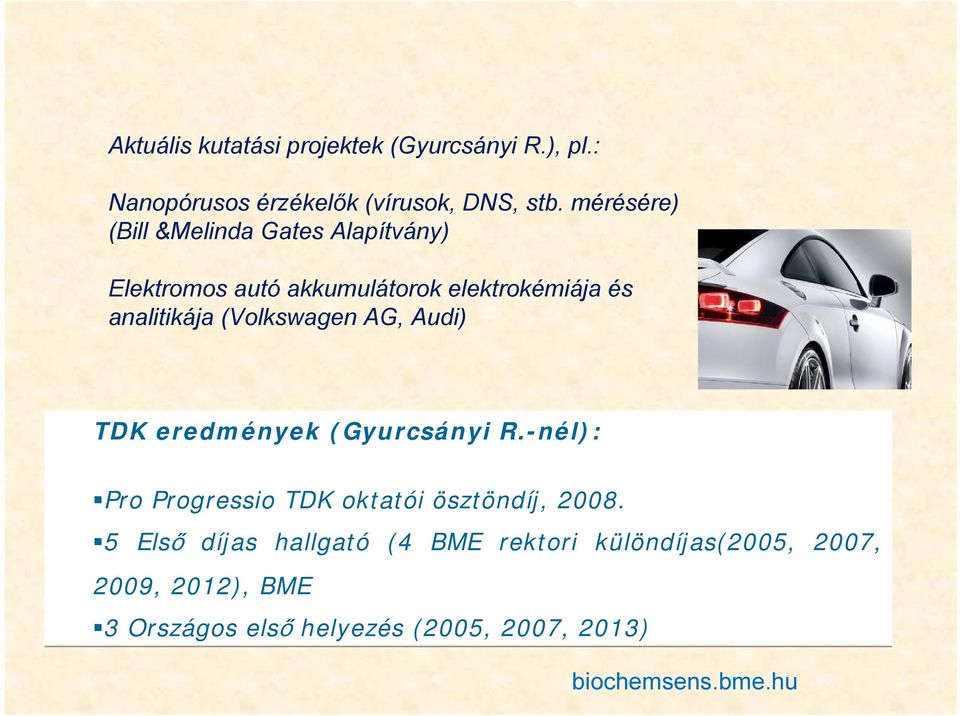 (Volkswagen AG, Audi) TDK eredmények (Gyurcsányi R.-nél): Pro Progressio TDK oktatói ösztöndíj, 2008.