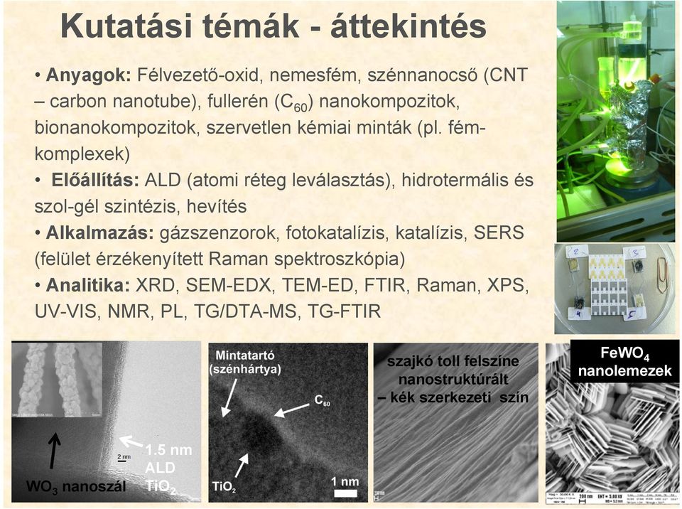 fémkomplexek) Előállítás: ALD (atomi réteg leválasztás), hidrotermális és szol-gél szintézis, hevítés Alkalmazás: gázszenzorok, fotokatalízis,